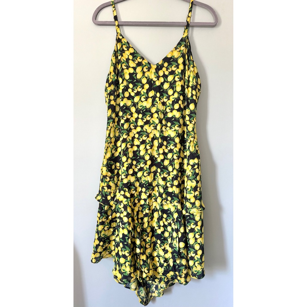 Parker Lemon Print Tiered Ruffle Dress Black Yellow V-Neck Mini Sleeveless Large